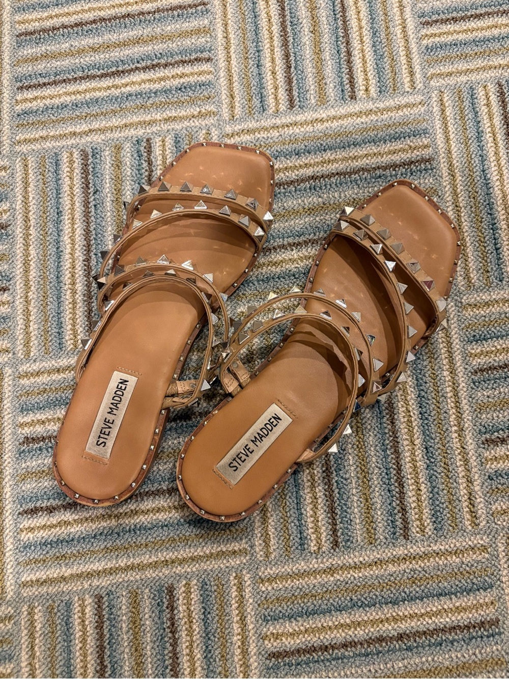 Steve Madden Tan Pyramid-Stud Triple-Strap Slide Sandals